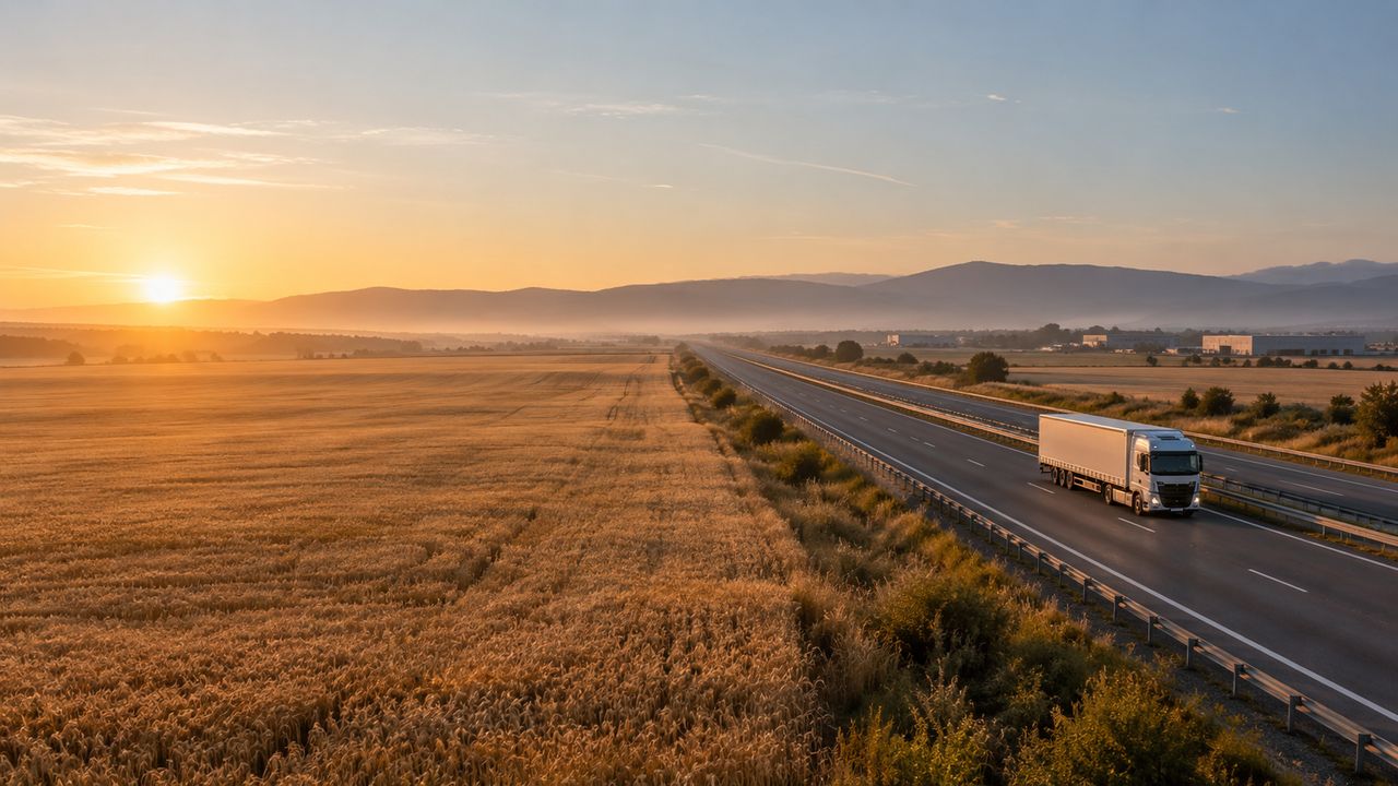 Tráiler en recta de autovía por la llanada alavesa al amanecer